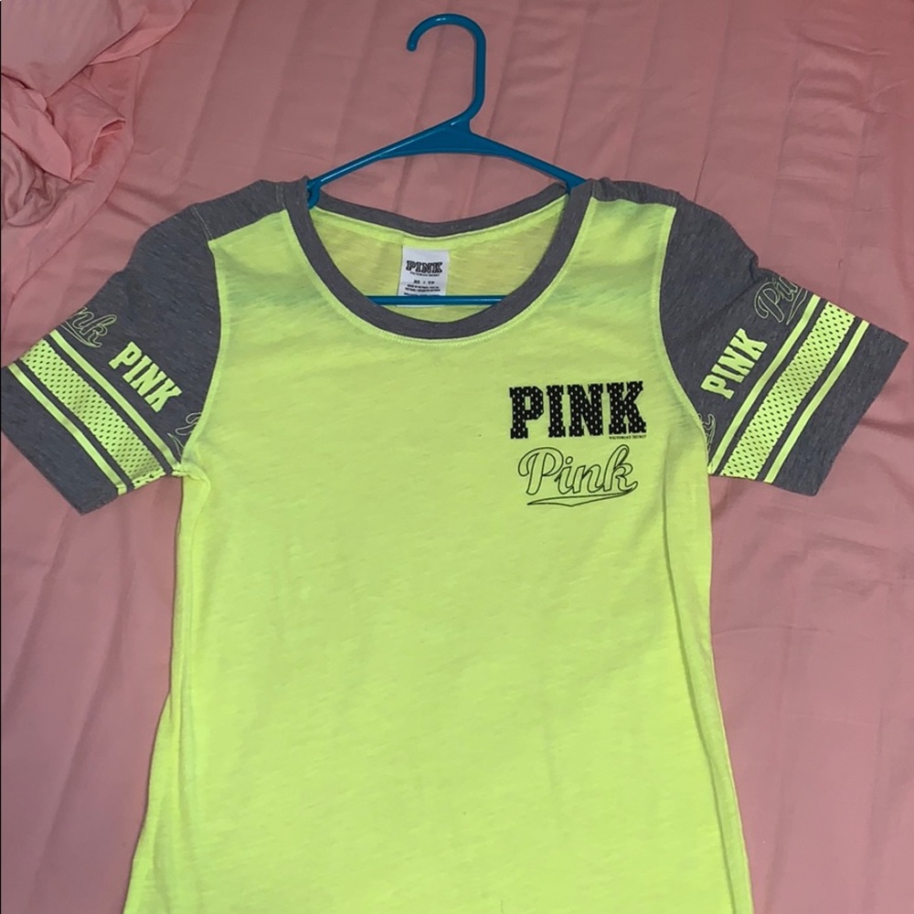 vs pink highlighter yellow tee